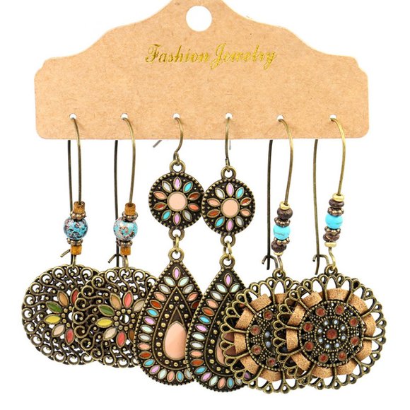 Gold Boho Retro Hollow Dangle Earrings Set - Picture 2 of 2